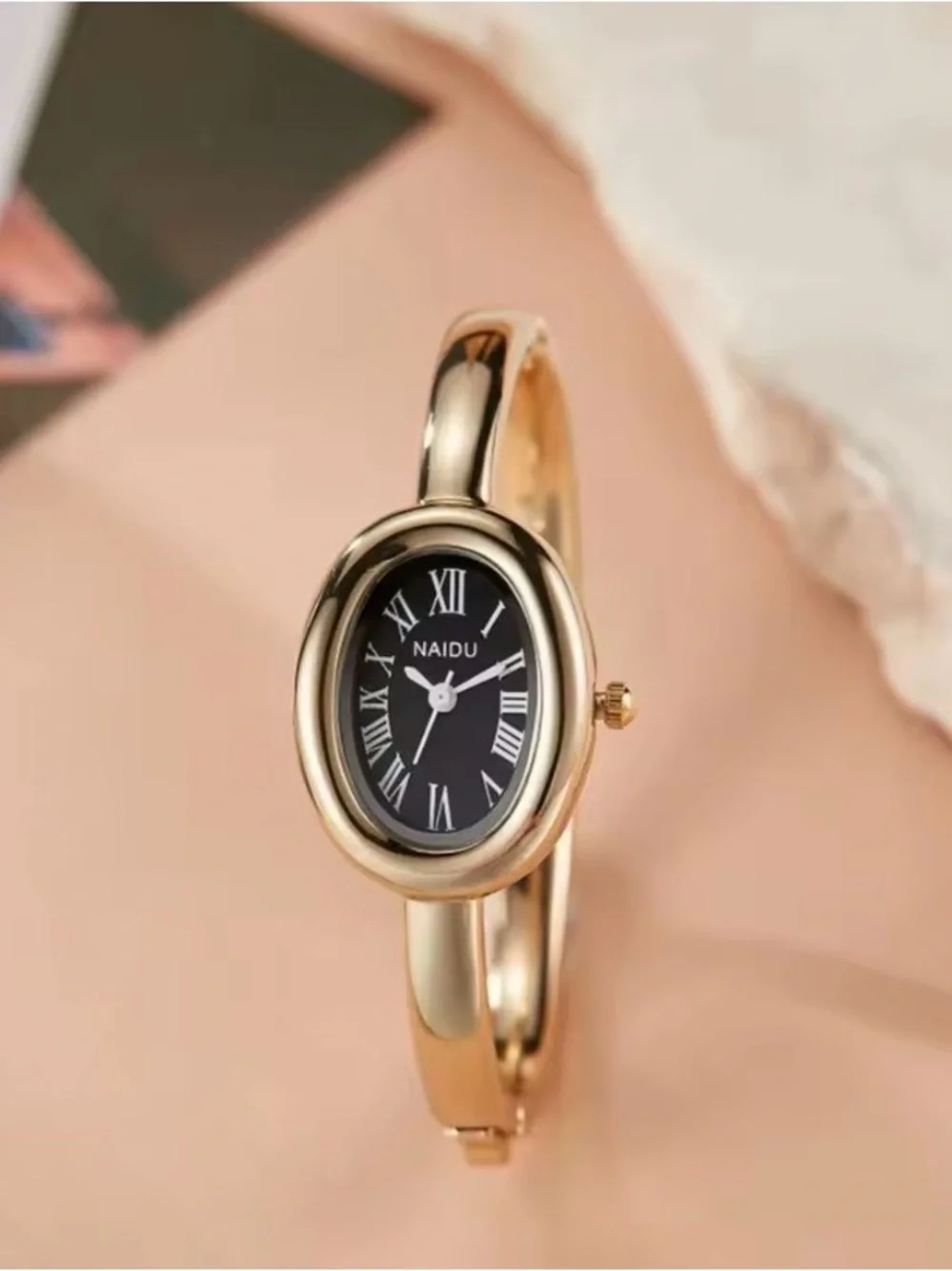 NEW! Elegant Gold-Tone Oval Black Dial Bangle Watch ⌚️ A0-9